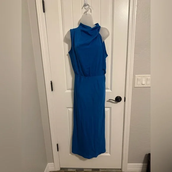 PrettyGarden Women's Blue Satin Sleeveless Maxi Dress. - Picture 3 of 4